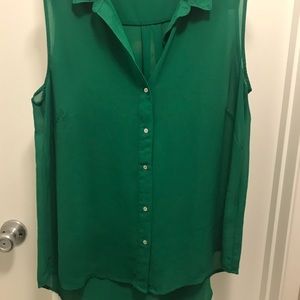 Long, button-up, bright green blouse tank top.